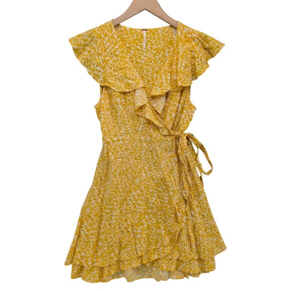 Free People French Quarter Mini Wrap Dress Yellow White Flutter Sleeve Size XS - Picture 1 of 11